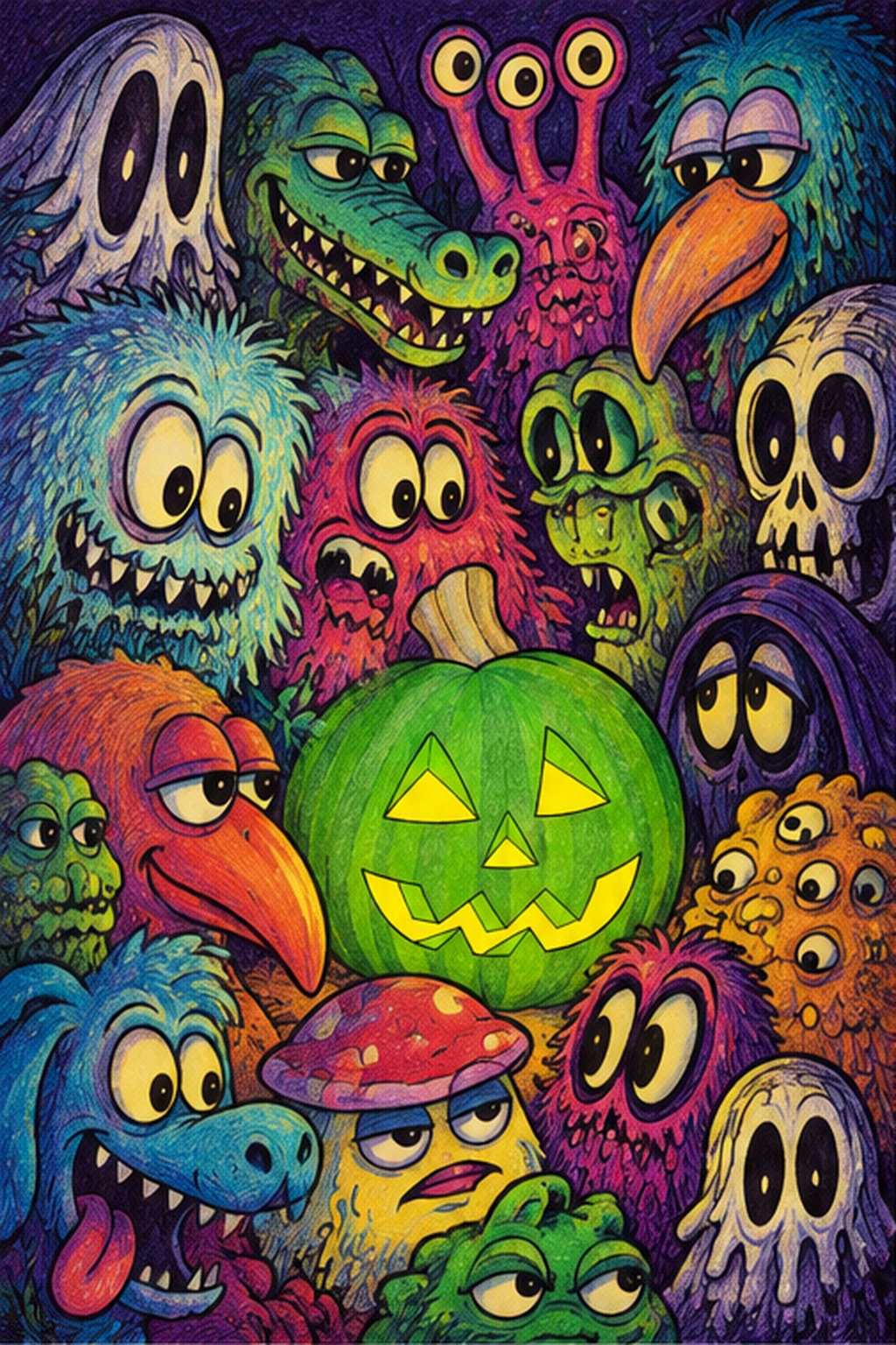 A crowd of creature heads in the dark, all looking at a green jack-o'-lantern