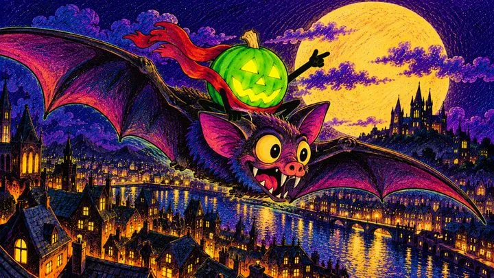 Pumpkinhead riding a giant bat over a sleeping city