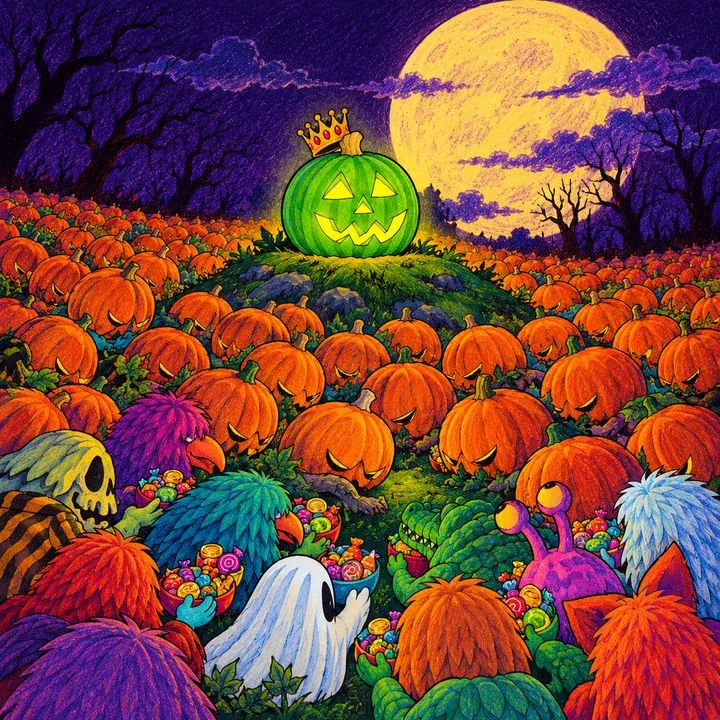 A field of orange pumpkins bowing toward Pumpkinhead on a hill