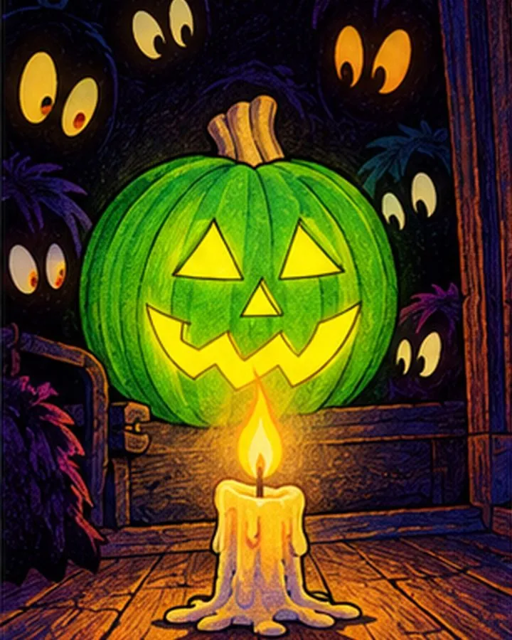 A candle flame lighting up Pumpkinhead's carved face in a dark room