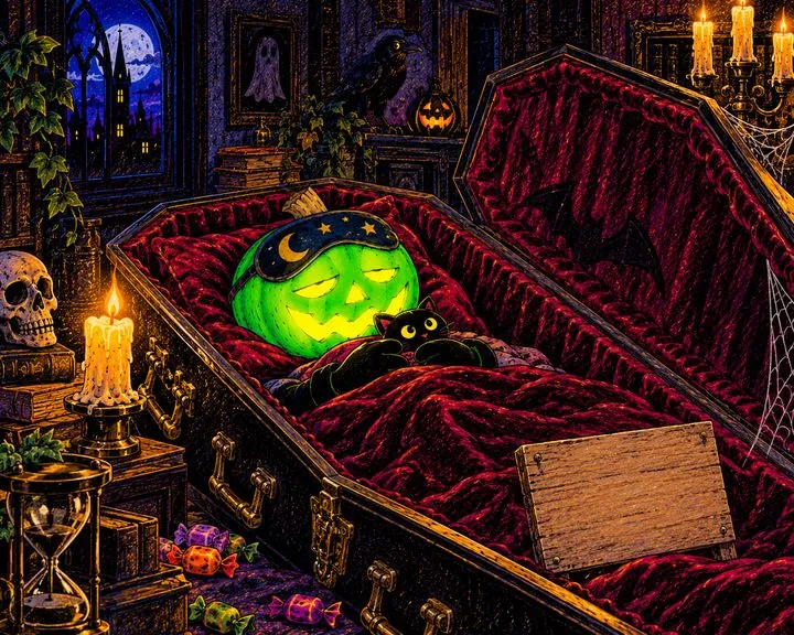 Pumpkinhead asleep in a velvet coffin with a sleep mask on his stem