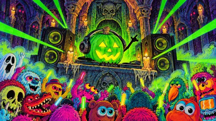 Pumpkinhead DJing in a crypt, creatures with glowsticks and green lasers