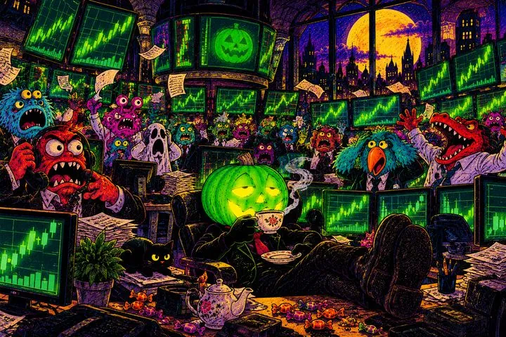 Pumpkinhead calm at a desk on a trading floor full of panicking creatures