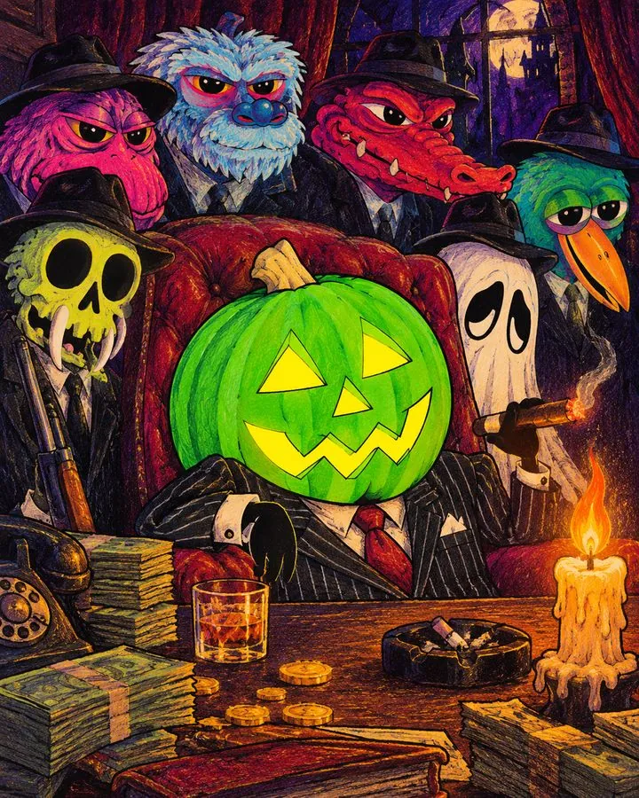 Pumpkinhead as a mob boss in a pinstripe suit, creatures in suits behind him