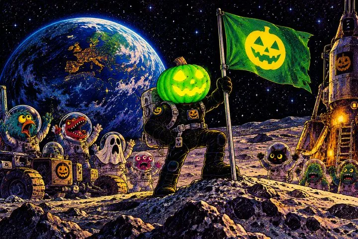 Pumpkinhead planting a green pumpkin flag on the moon