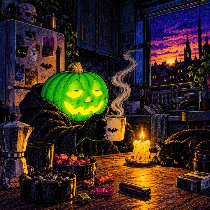 Pumpkinhead holding a steaming mug in a dark kitchen before sunrise