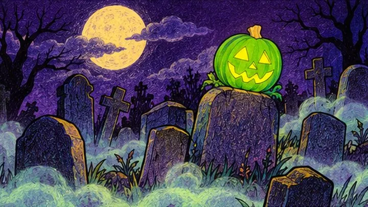 Pumpkinhead sitting on a gravestone in a foggy graveyard