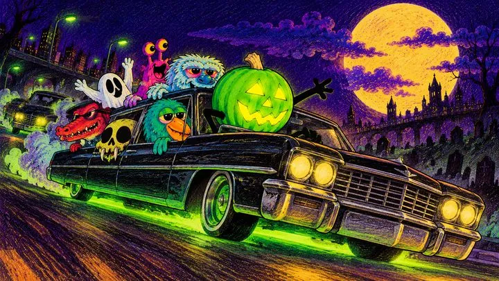 Pumpkinhead driving a black lowrider hearse with green underglow