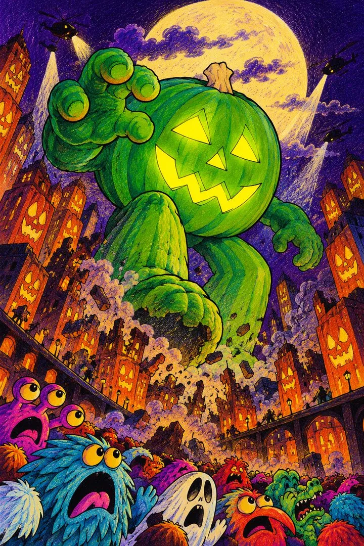 A giant Pumpkinhead stomping through a city of pumpkin buildings