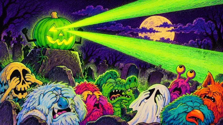 Green laser beams shooting from Pumpkinhead's eyes over a graveyard