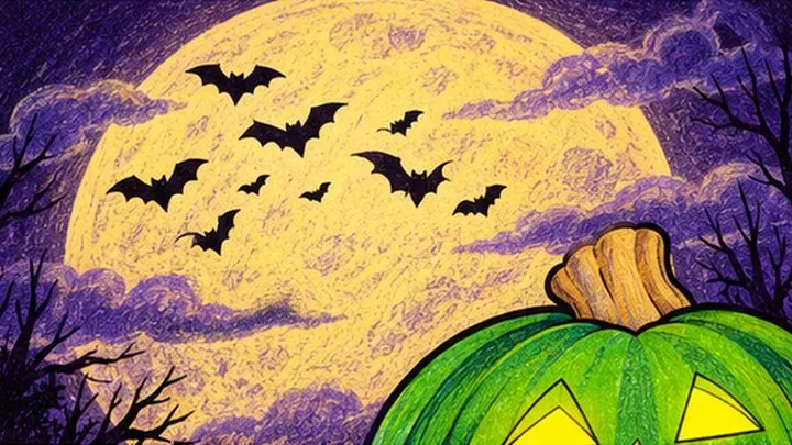 Bats crossing a huge moon, Pumpkinhead's eyes peeking up from the bottom