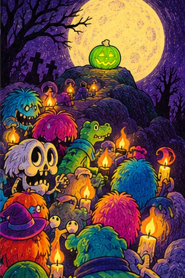 A procession of creatures with candles climbing a hill toward Pumpkinhead