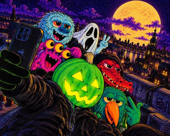 Pumpkinhead taking a selfie with creatures under the full moon