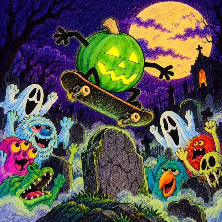 Pumpkinhead kickflipping a skateboard over a gravestone, ghosts cheering