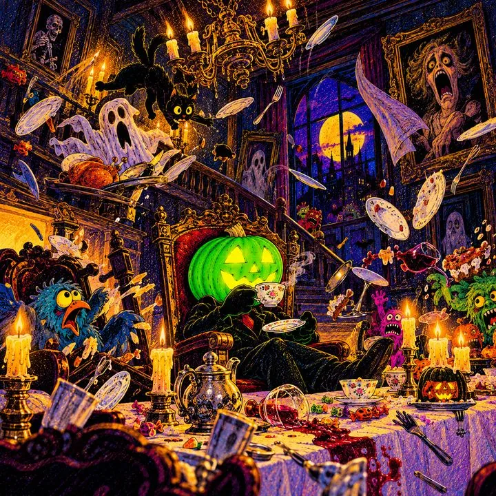 Pumpkinhead calmly drinking tea while a haunted house goes wild around him