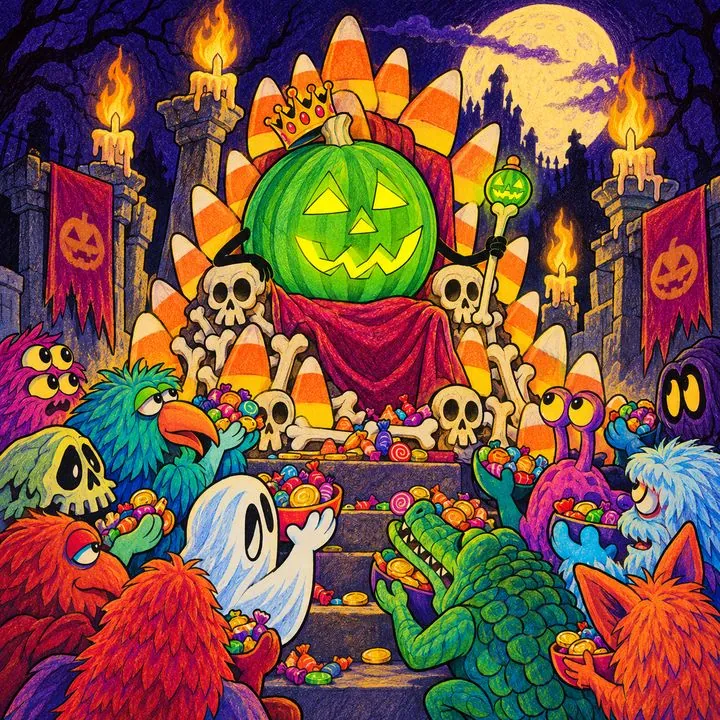 Pumpkinhead on a throne of candy corn and bones, wearing a tiny crown, creatures offering candy
