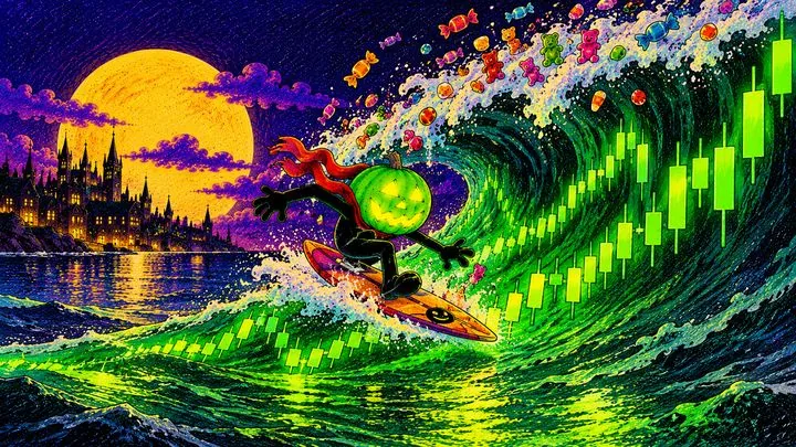 Pumpkinhead surfing a giant wave made of green chart candles