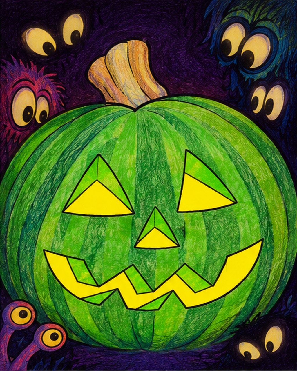 Pumpkinhead, a green jack-o'-lantern with triangle eyes and a zig-zag grin