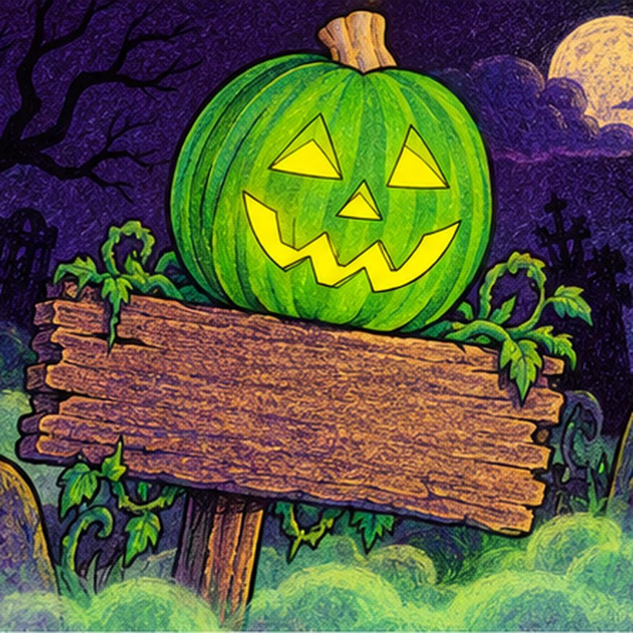 Pumpkinhead sitting on a wooden sign in a graveyard at night